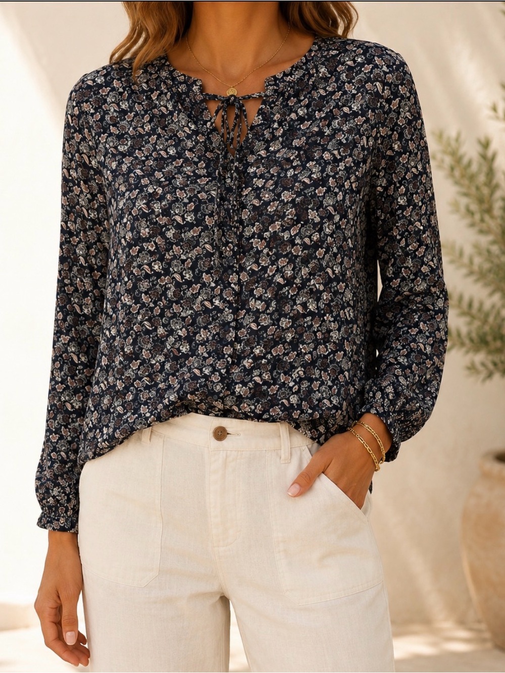 ❤️ Floral collarless long sleeve bow tie peasant blouse